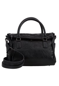 Sac à main noir avec un motif floral texturé, fermeture éclair, double poignée supérieure et une bandoulière ajustable. Comprend du cuir lisse et des accents métalliques.