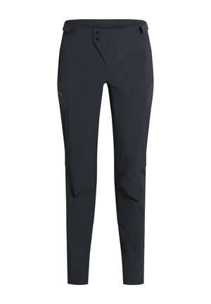 Schwarze, schlank geschnittene Wanderhose mit Knopfverschluss, verstellbarem Bund und Seitentaschen, entworfen für Outdoor-Aktivitäten.