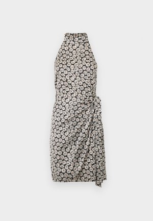 Black and white floral dress with a high neckline, wrap design, and side tie detail. Features a pattern of daisy-like flowers.