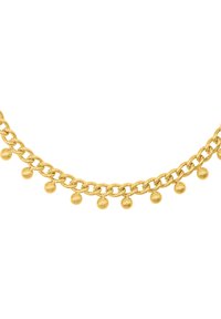 Le collier en chaîne dorée présente des formes ovales liées avec des accents de perles rondes uniformément espacées le long du bas. Texture de surface lisse et brillante.
