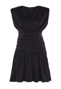 Robe noire avec un corsage froncé et des plis structurés à la taille. Jupe évasée avec une texture douce et lisse et un design sans manches.