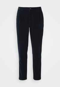 Pantalon slim noir en velours côtelé avec fermeture devant à bouton et zip, poches latérales et passants de ceinture.