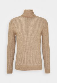 Maglione a collo alto beige a coste con maniche lunghe, tessuto testurizzato e design aderente. Presenta un collo alto e un orlo dritto.