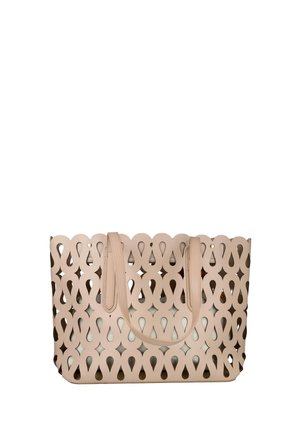 Bolsa tote rosa claro con formas recortadas de gotas y diamantes, con dos asas para el hombro y un forro interior de malla.