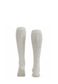 Beige knielange Socken mit einem Karomuster, glatter Textur und verstärkten Bündchen. Leichtes Material mit einem dezenten Glanz.