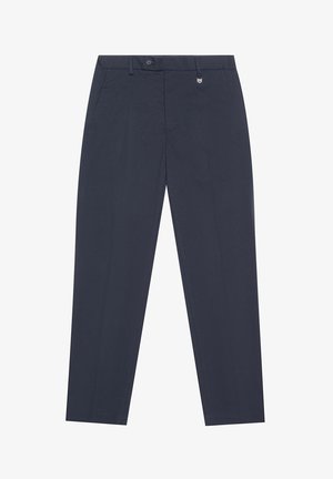 Donkerblauwe, op maat gemaakte herenhose met knoop aan de voorkant, ritssluiting, zijzakken, lussen voor een riem en rechte pijp, afgebeeld tegen een witte achtergrond.