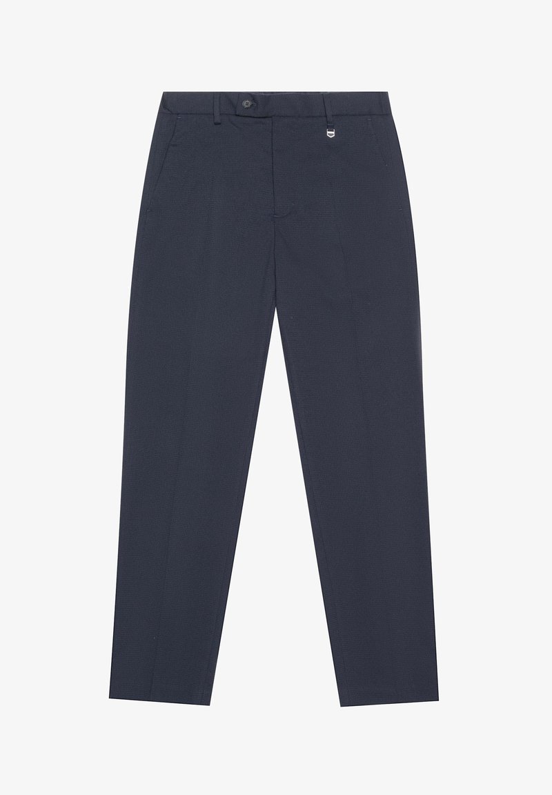 Pantalon pour homme en bleu marine foncé, coupe ajustée, avec bouton frontal, fermeture éclair, poches latérales, passants pour ceinture et coupe droite, sur fond blanc.