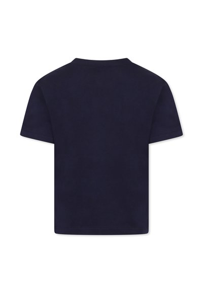 T-shirt à manches courtes bleu marine en coton, avec un col rond classique et un dos uni sans motifs ni embellissements.