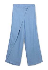 Pantalons larges bleu clair avec un design enveloppant, présentant une texture lisse et une finition propre à l'ourlet.