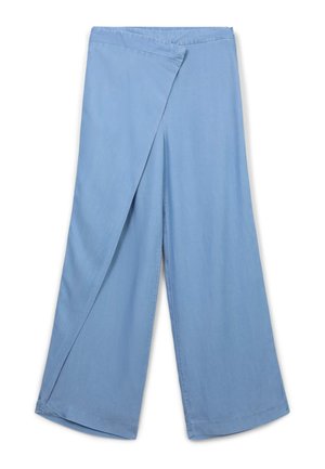 Pantalons larges bleu clair avec un design enveloppant, présentant une texture lisse et une finition propre à l'ourlet.
