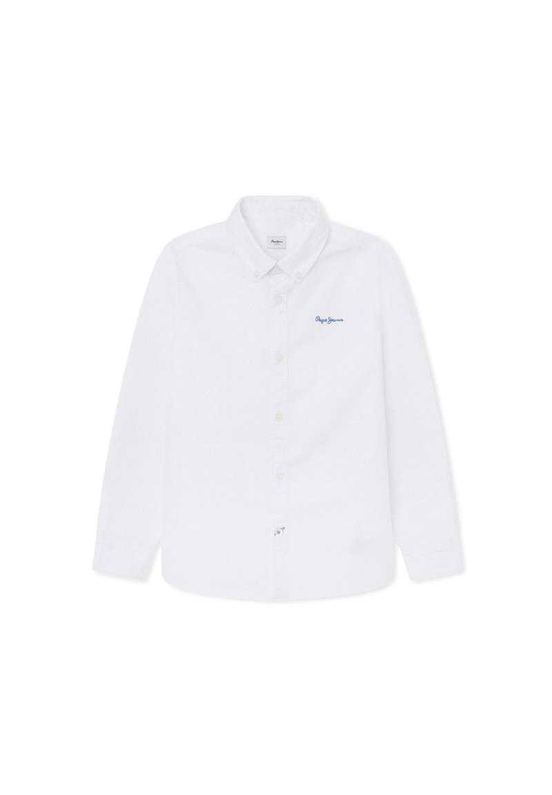 Biała bawełniana koszula z długim rękawem z kołnierzykiem zapinanym na guziki, z niebieskim haftowanym logo na piersi i małą metką u dołu.