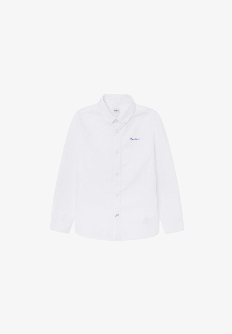 Biała bawełniana koszula z długim rękawem z kołnierzykiem zapinanym na guziki, z niebieskim haftowanym logo na piersi i małą metką u dołu.