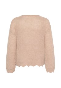 Maglione lavorato a maglia beige chiaro, design cropped, maniche ampie, orlo a scallop, texture a costine, schiena aperta.