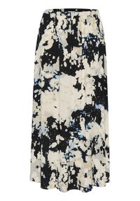 Schwarz-weißes Rock mit einem Spritzmuster und blauen Akzenten, einem elastischen Bund und einem fließenden A-Linien-Design.