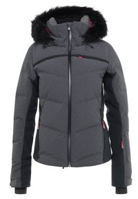 Veste d'hiver gris foncé avec panneaux noirs, fermeture éclair frontale, capuche bordée de fourrure et poches zippées avec tirettes rouges.