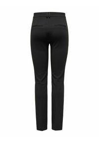 Pantaloni neri su misura con una vestibilità dritta, dotati di due tasche posteriori, passanti per la cintura e una texture in tessuto elasticizzato morbido.