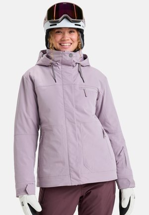 Lilac ski jacket featuring a hood, zippered pockets, and adjustable cuffs. Smooth texture with grey drawstrings and a zip chest pocket.