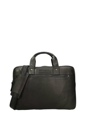 Borsa per laptop in pelle nera con due manici e una tracolla regolabile, dotata di una tasca frontale con zip e superficie texturizzata.