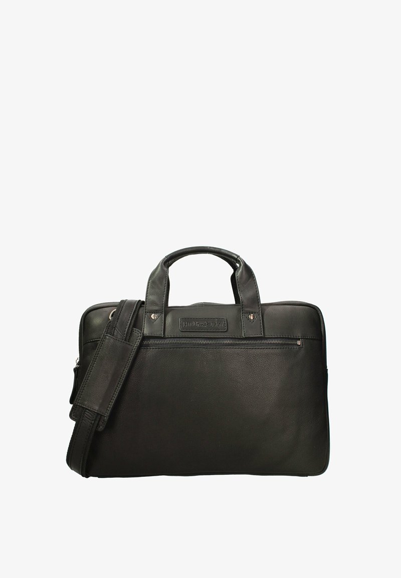 Sac à ordinateur portable en cuir noir avec deux poignées et une sangle réglable, comportant une poche frontale zippée et une surface texturée.