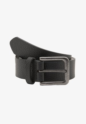 Cintura nera in pelle con finitura testurizzata e fibbia in metallo argentato di forma rettangolare con due punte per la chiusura.