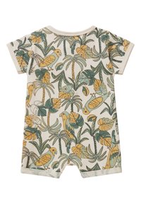 Kurzärmliger romper aus cremefarbenem Baumwollstoff mit einem Muster aus grünen und gelben tropischen Blättern und Vögeln, ausgestattet mit Druckknöpfen am Boden für ein einfaches An- und Ausziehen.