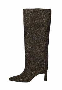 Botte noire à paillettes jusqu'aux genoux avec un bout pointu et un talon stiletto de hauteur intermédiaire. Texture lisse avec une finition étincelante uniforme.