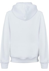 Witte hoodie met een zachte textuur, voorzien van een buidelzak, geribbelde manchetten en een gladde afwerking. Achteraanzicht, zonder opdrukken.