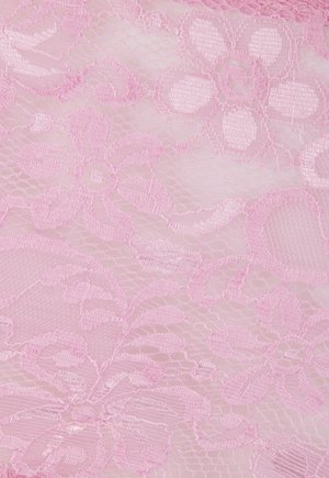 Pink lace fabric with floral patterns featuring large flowers and leaves intricately woven in a delicate, sheer texture.