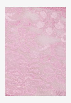 Rosa Spitzenstoff mit Blumenmustern, die große Blumen und Blätter zeigen, kunstvoll in einer zarten, transparenten Textur gewebt.