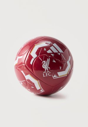Rød fodbold med hvide og gyldne geometriske mønstre, med Liverpool Football Club-logoet og Adidas-branding.