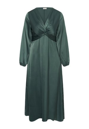 Donkergroene satijnen midi-jurk met lange pofmouwen en een gedraaide knoopdetail op het V-hals lijfje.