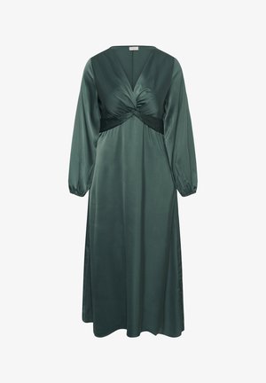 Robe midi en satin vert foncé avec manches longues bouffantes et détail de nœud torsadé sur le corsage à encolure en V.