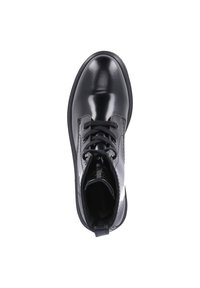 Black leather ankle boot with a smooth, glossy finish, round toe, structured silhouette, and traditional lace-up design.