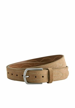 Tan suede belt with a silver metal buckle, featuring subtle stitching and a patterned design along the length. Holes for adjustment are visible.
