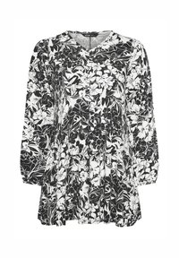 Svartvit blommönstrad klänning med långa ärmar, V-ringning och plisserad design. Tillverkad av lätt tyg.