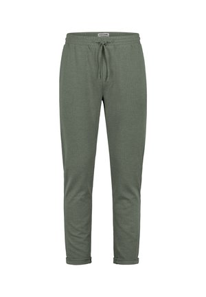 Olive green tapered sweatpants with drawstring waist and cuffed ankles, made from textured fabric, labeled "EIGHT2NINE" inside waistband.