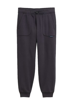 Zwarte jogger met elastische taille en trekkoord, twee opgestikte voorzakken en geribbelde boorden bij de enkels.
