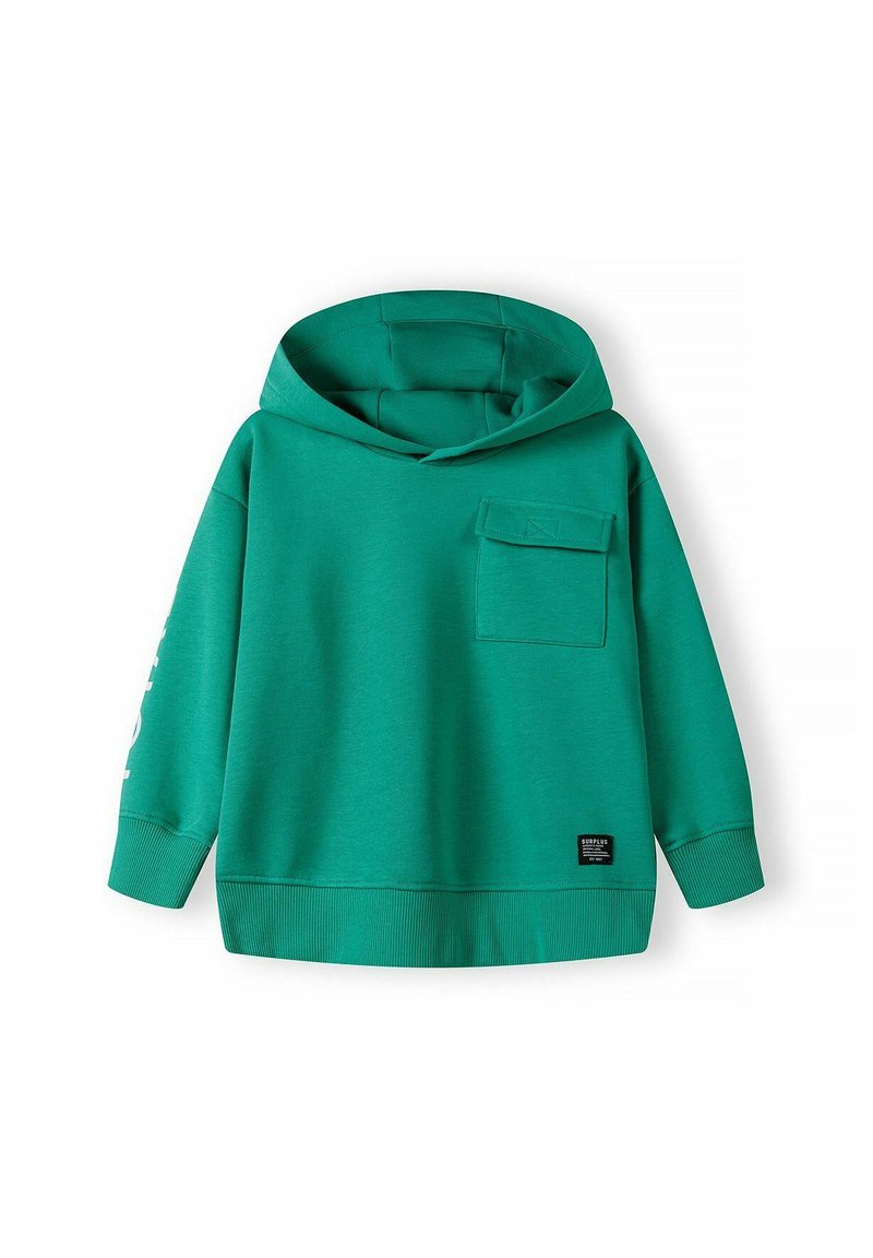 Felpa verde realizzata in tessuto morbido, con tasca frontale, polsini a costine e dettaglio logo sulla manica. Vestibilità leggermente oversize.