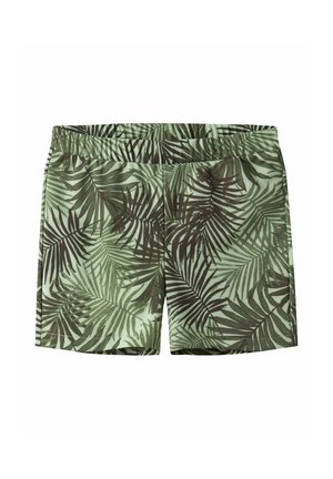 Pantalones cortos verdes con diseño de hojas de palma en verde oscuro y cintura elástica, diseñados para uso informal.