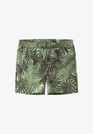 Pantalones cortos verdes con diseño de hojas de palma en verde oscuro y cintura elástica, diseñados para uso informal.