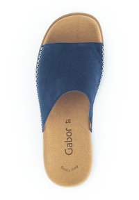 Navy blue suede slider sandal with an open toe, curved design, and contrasting white stitching. Cork footbed with "Gabor" branding visible.