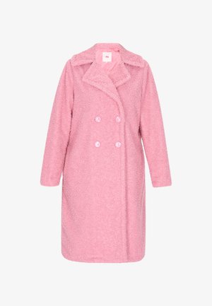 Pink fluffy double-breasted coat with large pink buttons, wide lapels, and a textured, soft fabric. Features long sleeves and a mid-length cut.