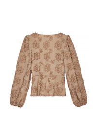 Blusa lunga beige con maniche a sbuffo, cintura aderente, orlo leggermente svasato e motivo floreale testurizzato, mostrata dal retro.