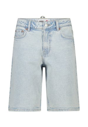 Lichtblauwe denim short met een hoge taille, voorste knoop- en ritssluiting, vijf zakken en subtiele verweerde details.