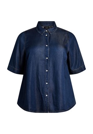 Camicia di jeans blu scuro a maniche corte con colletto e bottoni a pressione in perla, orlo leggermente svasato.