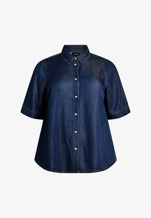 Dunkelblaues Denim-Kurzarmhemd mit Kragen und Perlmutt-Druckknöpfen, leicht ausgestellter Saum.