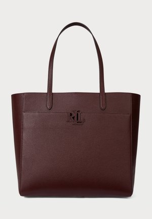 Bolso tote de cuero marrón oscuro con dos asas y un logo RL en relieve sutil en el centro delantero.