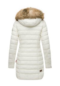 White puffer jacket with a fur-lined hood, vertical quilted design, long sleeves, and logo detail on the left sleeve.