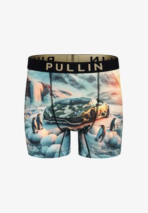 Boxer briefs pour hommes avec un imprimé graphique d'une voiture de sport camouflage sur la glace avec des manchots, ceinture noire avec "PULLIN" en doré.