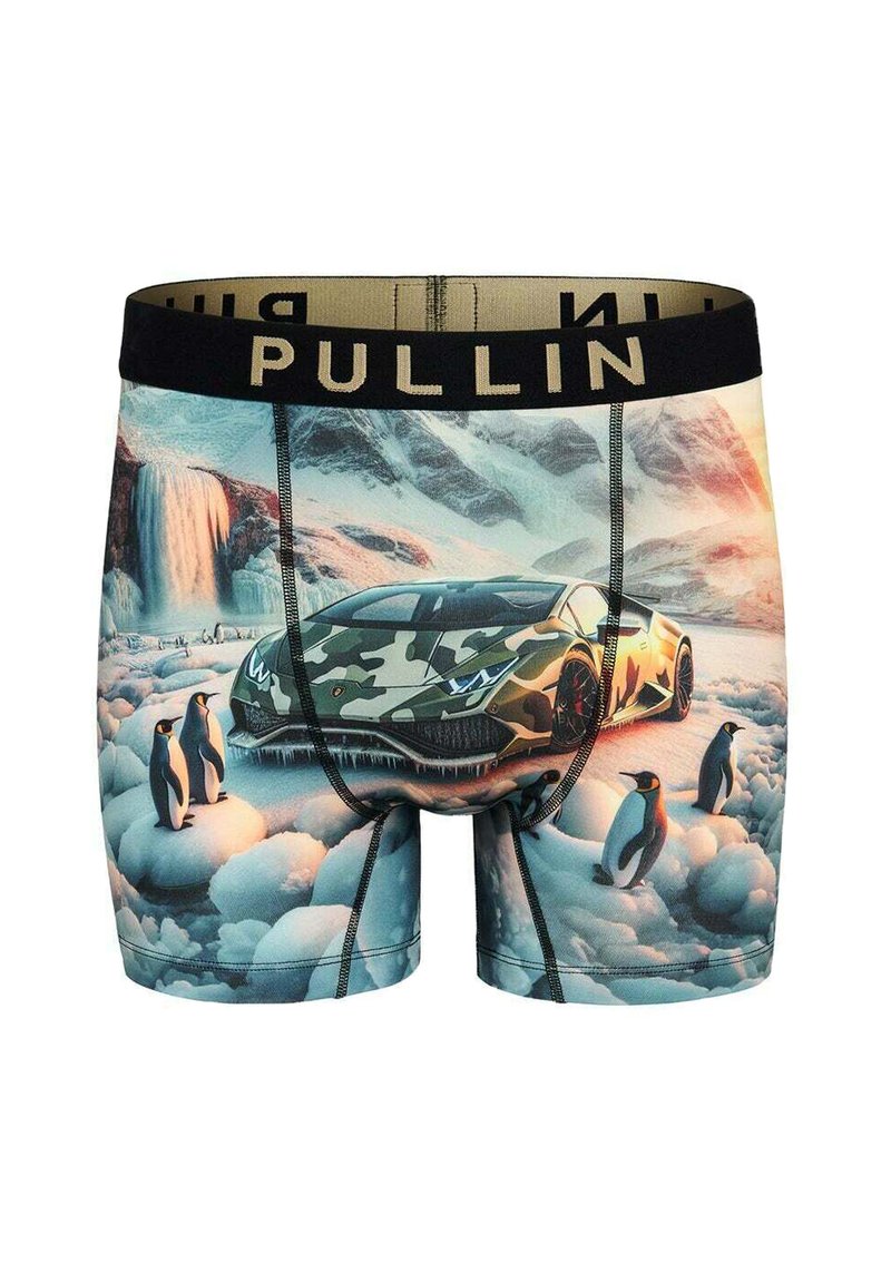 Boxer briefs pour hommes avec un imprimé graphique d'une voiture de sport camouflage sur la glace avec des manchots, ceinture noire avec "PULLIN" en doré.